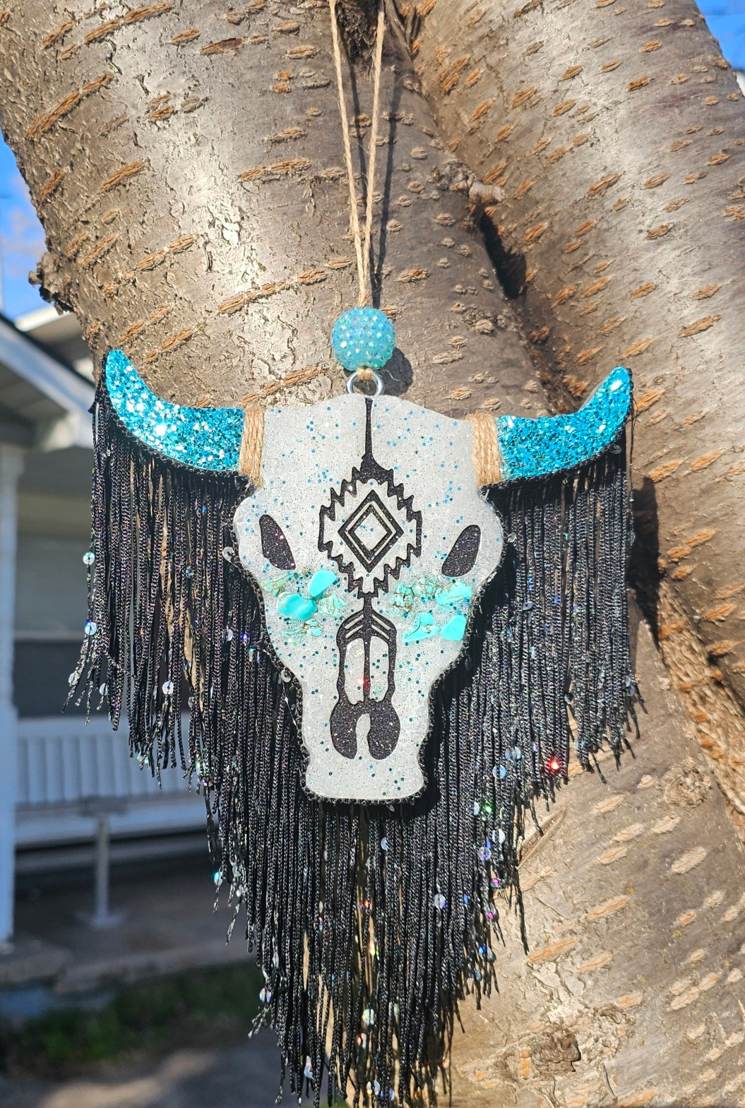Teal Bull Head with fringe