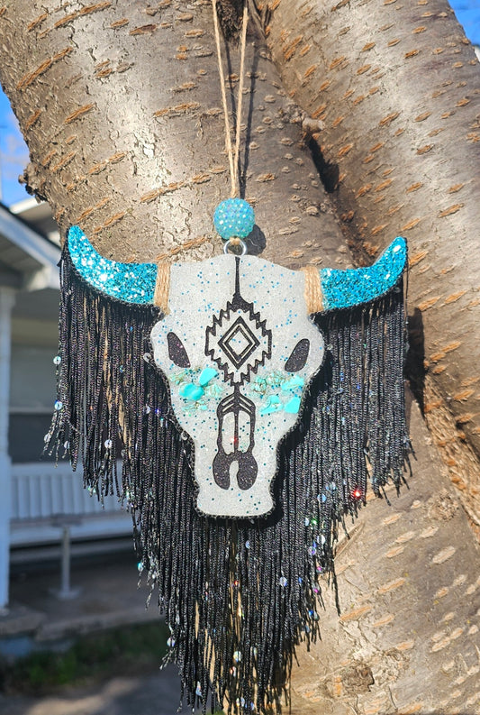 Teal Bull Head with fringe